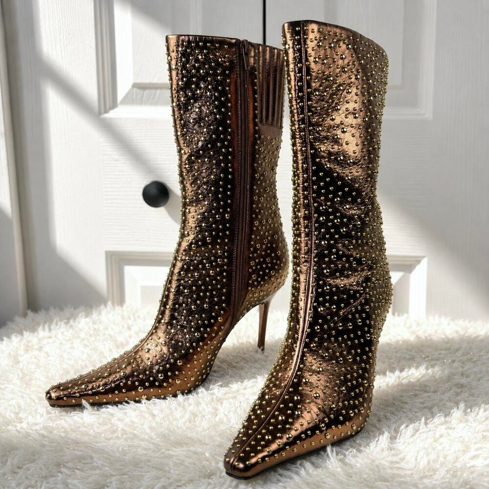 Jeffrey Campbell Bronze Studded Metallic Ankle High Boots Pointed Toe Heels